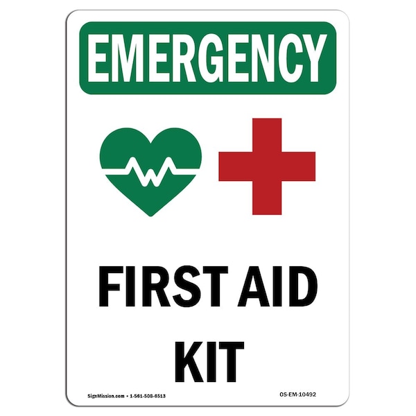 Safety Sign, OSHA EMERGENCY, 5" Height, First Aid Kit, Portrait, 10PK